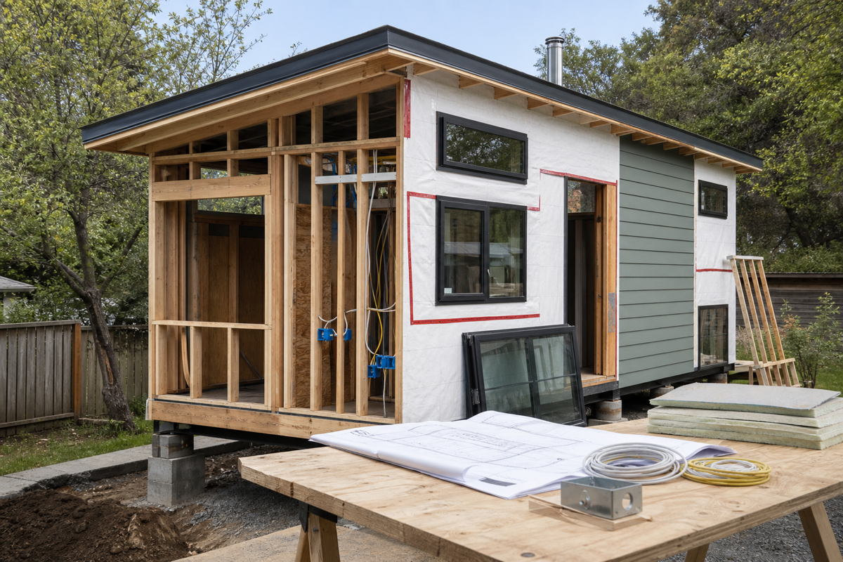 Tiny house worksite showing exposed framing, weather barrier, installed windows, electrical rough-in, insulation panels, and plan sheets